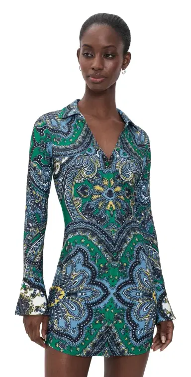 Alice + Olivia Freya Fitted Waist Mini Dress Bon Voyage Deep Emerald | Thumbnail 1 Alice + Olivia Freya Fitted Waist Mini Dress Bon Voyage Deep Emerald | Thumbnail 1