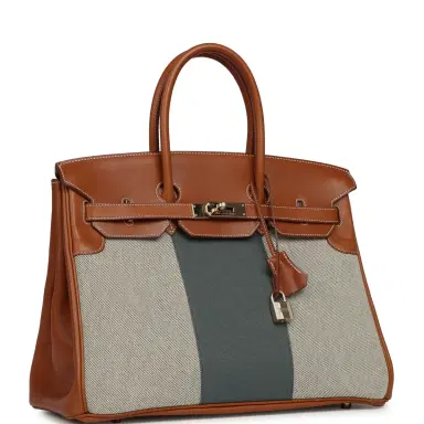 HERMÈS Pre-owned Hermes Birkin 35 Flag Fauve Barenia, Ecru-Black Toile, Bleu Orage Toile Canvas Permabrass Hardware | Thumbnail 2 HERMÈS Pre-owned Hermes Birkin 35 Flag Fauve Barenia, Ecru-Black Toile, Bleu Orage Toile Canvas Permabrass Hardware | Thumbnail 2
