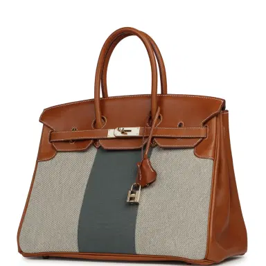 HERMÈS Pre-owned Hermes Birkin 35 Flag Fauve Barenia, Ecru-Black Toile, Bleu Orage Toile Canvas Permabrass Hardware | Thumbnail 5 HERMÈS Pre-owned Hermes Birkin 35 Flag Fauve Barenia, Ecru-Black Toile, Bleu Orage Toile Canvas Permabrass Hardware | Thumbnail 5