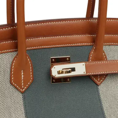 HERMÈS Pre-owned Hermes Birkin 35 Flag Fauve Barenia, Ecru-Black Toile, Bleu Orage Toile Canvas Permabrass Hardware | Thumbnail 7 HERMÈS Pre-owned Hermes Birkin 35 Flag Fauve Barenia, Ecru-Black Toile, Bleu Orage Toile Canvas Permabrass Hardware | Thumbnail 7