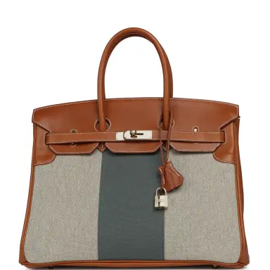 HERMÈS Pre-owned Hermes Birkin 35 Flag Fauve Barenia, Ecru-Black Toile, Bleu Orage Toile Canvas Permabrass Hardware | Thumbnail 1 HERMÈS Pre-owned Hermes Birkin 35 Flag Fauve Barenia, Ecru-Black Toile, Bleu Orage Toile Canvas Permabrass Hardware | Thumbnail 1