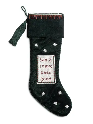 Sudha Pennathur Santa, I Have Been Good Beaded Velvet Stocking - Green | Thumbnail 1 Sudha Pennathur Santa, I Have Been Good Beaded Velvet Stocking - Green | Thumbnail 1