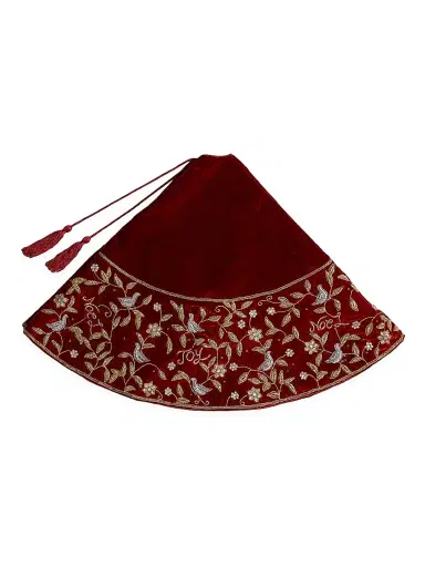 Sudha Pennathur Birds & Noel Embroidered Velvet Tree Skirt - Red | Thumbnail 2 Sudha Pennathur Birds & Noel Embroidered Velvet Tree Skirt - Red | Thumbnail 2