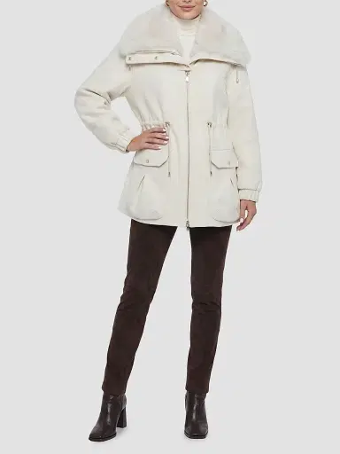Gorski Women's Zip Coat with Detachable Lamb Collar - Cream | Thumbnail 2 Gorski Women's Zip Coat with Detachable Lamb Collar - Cream | Thumbnail 2