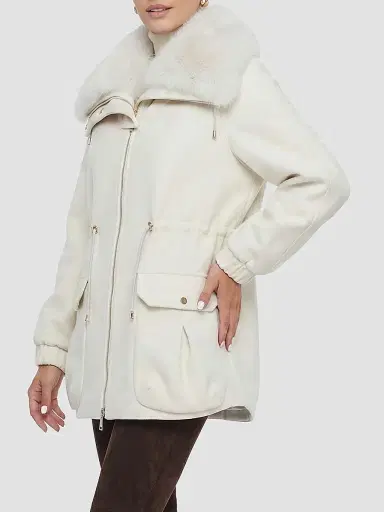 Gorski Women's Zip Coat with Detachable Lamb Collar - Cream | Thumbnail 4 Gorski Women's Zip Coat with Detachable Lamb Collar - Cream | Thumbnail 4