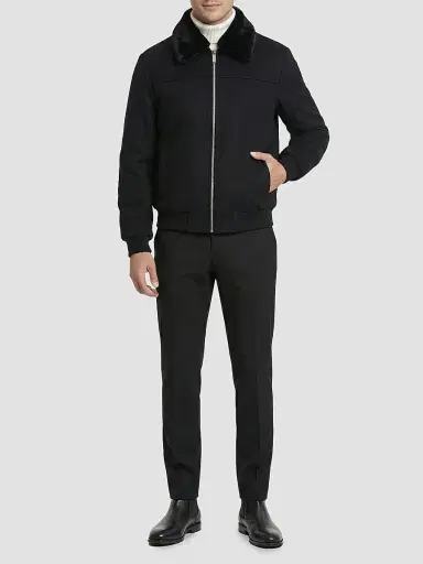Gorski Men's Wool Jacket with Detachable Shearling Collar - Black | Thumbnail 2 Gorski Men's Wool Jacket with Detachable Shearling Collar - Black | Thumbnail 2