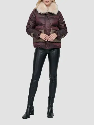 Gorski Women's Apres-Ski Mix Media Parka Coat with Detachable Lamb Hood Trim - Burgundy Iceberg - Size XL | Thumbnail 2 Gorski Women's Apres-Ski Mix Media Parka Coat with Detachable Lamb Hood Trim - Burgundy Iceberg - Size XL | Thumbnail 2