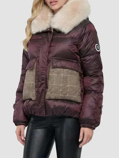 Gorski Women's Apres-Ski Mix Media Parka Coat with Detachable Lamb Hood Trim - Burgundy Iceberg - Size XL | Thumbnail 4 Gorski Women's Apres-Ski Mix Media Parka Coat with Detachable Lamb Hood Trim - Burgundy Iceberg - Size XL | Thumbnail 4