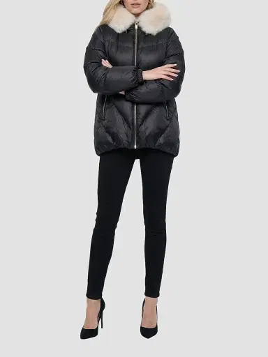 Gorski Women's Apres-Ski Parka with Horizontal Sleeves and Detachable Lamb Hood Trim - Black Iceberg - Size XL | Thumbnail 2 Gorski Women's Apres-Ski Parka with Horizontal Sleeves and Detachable Lamb Hood Trim - Black Iceberg - Size XL | Thumbnail 2