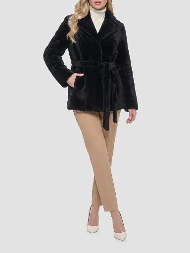Gorski Women's Textured Shearling Lamb Coat with Belt - Black - Size XL | Thumbnail 2 Gorski Women's Textured Shearling Lamb Coat with Belt - Black - Size XL | Thumbnail 2