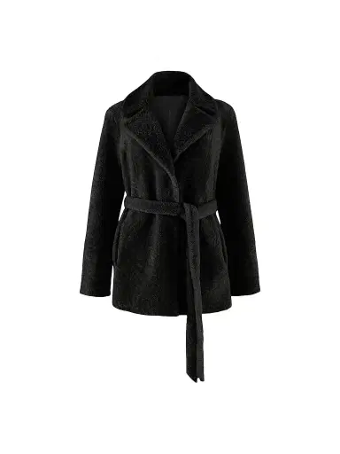 Gorski Women's Textured Shearling Lamb Coat with Belt - Black - Size XL | Thumbnail 1 Gorski Women's Textured Shearling Lamb Coat with Belt - Black - Size XL | Thumbnail 1