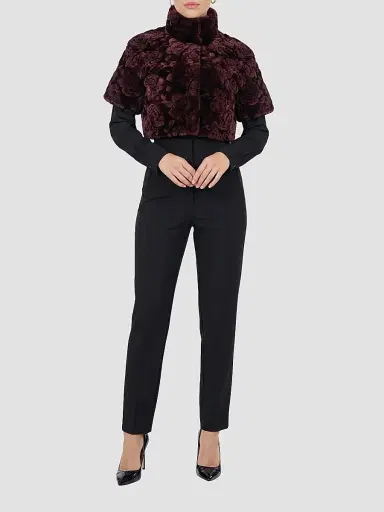 Gorski Women's Select Lamb Rose Cut Bolero Cropped Sleeves Coat - Burgundy Brisa - Size XL | Thumbnail 2 Gorski Women's Select Lamb Rose Cut Bolero Cropped Sleeves Coat - Burgundy Brisa - Size XL | Thumbnail 2