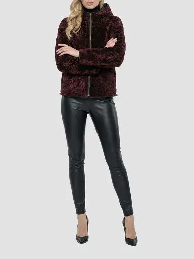 Gorski Women's Textured Shearling Lamb Jacket, Hood - Burgundy - Size XL | Thumbnail 2 Gorski Women's Textured Shearling Lamb Jacket, Hood - Burgundy - Size XL | Thumbnail 2