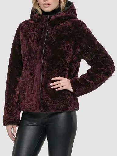 Gorski Women's Textured Shearling Lamb Jacket, Hood - Burgundy - Size XL | Thumbnail 4 Gorski Women's Textured Shearling Lamb Jacket, Hood - Burgundy - Size XL | Thumbnail 4