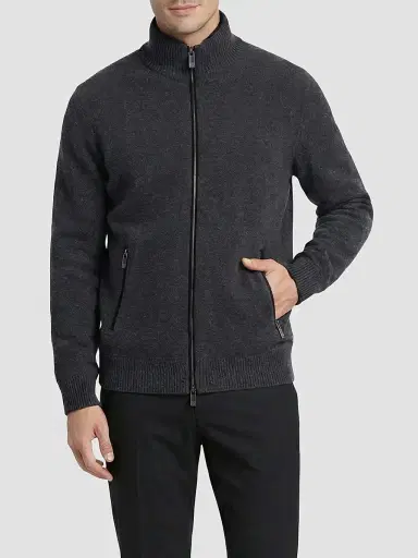 Gorski Men's Knit Jacket with Detachable Select Shearling Lamb Collar - Gray | Thumbnail 3 Gorski Men's Knit Jacket with Detachable Select Shearling Lamb Collar - Gray | Thumbnail 3