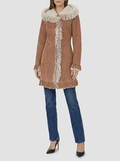 Gorski Women's Merino Shearling Lamb Parka with Fringes, Suede Finish - Chestnut White | Thumbnail 2 Gorski Women's Merino Shearling Lamb Parka with Fringes, Suede Finish - Chestnut White | Thumbnail 2