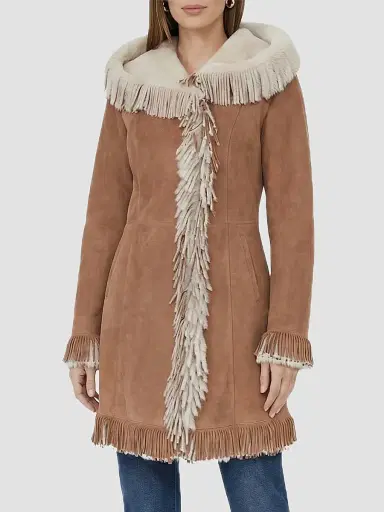 Gorski Women's Merino Shearling Lamb Parka with Fringes, Suede Finish - Chestnut White | Thumbnail 3 Gorski Women's Merino Shearling Lamb Parka with Fringes, Suede Finish - Chestnut White | Thumbnail 3