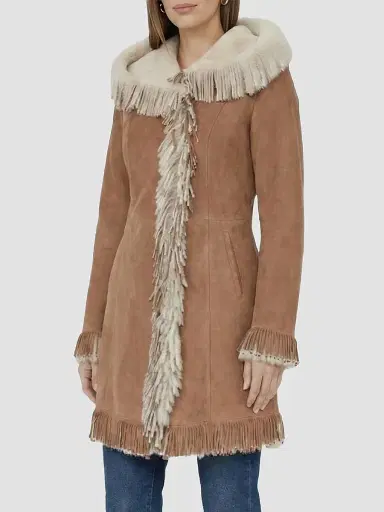 Gorski Women's Merino Shearling Lamb Parka with Fringes, Suede Finish - Chestnut White | Thumbnail 4 Gorski Women's Merino Shearling Lamb Parka with Fringes, Suede Finish - Chestnut White | Thumbnail 4
