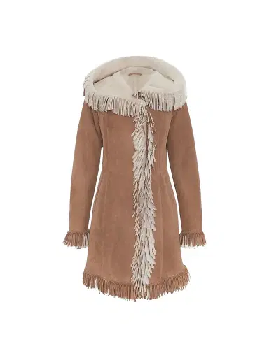Gorski Women's Merino Shearling Lamb Parka with Fringes, Suede Finish - Chestnut White | Thumbnail 1 Gorski Women's Merino Shearling Lamb Parka with Fringes, Suede Finish - Chestnut White | Thumbnail 1