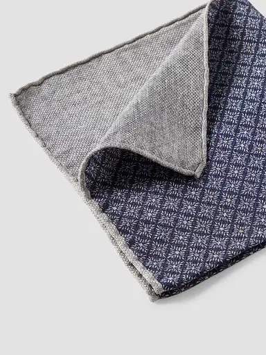 Brunello Cucinelli Men's Linen and Silk Pocket Square with Geometric Pattern - Navy Blue | Thumbnail 2 Brunello Cucinelli Men's Linen and Silk Pocket Square with Geometric Pattern - Navy Blue | Thumbnail 2