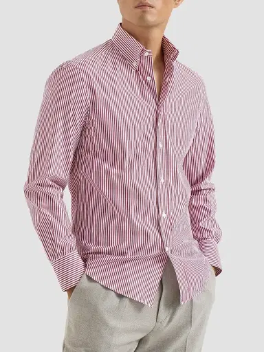 Brunello Cucinelli Men's Striped Poplin Shirt with Button-Down Collar | Thumbnail 3 Brunello Cucinelli Men's Striped Poplin Shirt with Button-Down Collar | Thumbnail 3