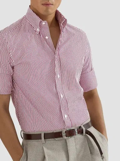 Brunello Cucinelli Men's Striped Poplin Shirt with Button-Down Collar | Thumbnail 5 Brunello Cucinelli Men's Striped Poplin Shirt with Button-Down Collar | Thumbnail 5