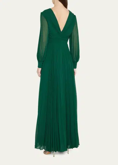 Badgley Mischka Collection Pleated Blouson-Sleeve Deep V-Neck Gown | Thumbnail 2 Badgley Mischka Collection Pleated Blouson-Sleeve Deep V-Neck Gown | Thumbnail 2