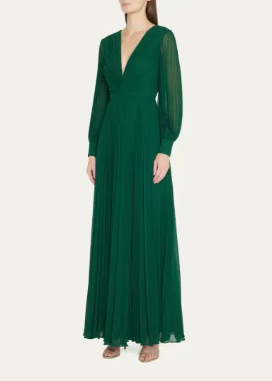 Badgley Mischka Collection Pleated Blouson-Sleeve Deep V-Neck Gown | Thumbnail 3 Badgley Mischka Collection Pleated Blouson-Sleeve Deep V-Neck Gown | Thumbnail 3