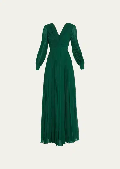 Badgley Mischka Collection Pleated Blouson-Sleeve Deep V-Neck Gown | Thumbnail 5 Badgley Mischka Collection Pleated Blouson-Sleeve Deep V-Neck Gown | Thumbnail 5