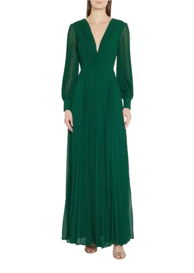 Badgley Mischka Collection Pleated Blouson-Sleeve Deep V-Neck Gown | Thumbnail 1 Badgley Mischka Collection Pleated Blouson-Sleeve Deep V-Neck Gown | Thumbnail 1