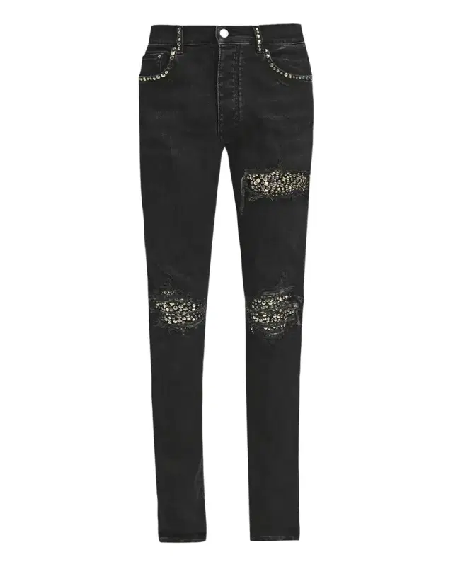 Men's Studded Rip and Repair Black Denim Skinny Jeans Men's Studded Rip and Repair Black Denim Skinny Jeans