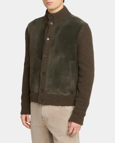 Zegna Men's Cashmere and Suede Bomber-Style Sweater | Thumbnail 4 Zegna Men's Cashmere and Suede Bomber-Style Sweater | Thumbnail 4