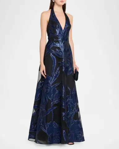 Aidan Mattox Plunging Metallic Organza Jacquard Gown | Thumbnail 4 Aidan Mattox Plunging Metallic Organza Jacquard Gown | Thumbnail 4