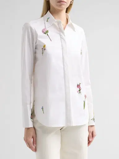 Oscar de la Renta Women's Botanical Embroidered Stretch Cotton Twill Blouse | Thumbnail 4 Oscar de la Renta Women's Botanical Embroidered Stretch Cotton Twill Blouse | Thumbnail 4