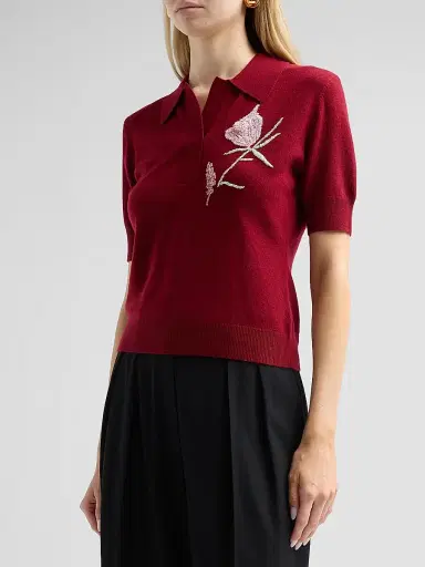 AKNVAS Women's Ailey Embroidered Wool-Cashmere Polo Sweater - Burgundy | Thumbnail 4 AKNVAS Women's Ailey Embroidered Wool-Cashmere Polo Sweater - Burgundy | Thumbnail 4