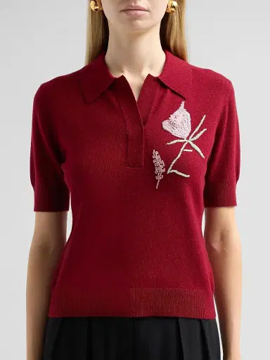 AKNVAS Women's Ailey Embroidered Wool-Cashmere Polo Sweater - Burgundy | Thumbnail 5 AKNVAS Women's Ailey Embroidered Wool-Cashmere Polo Sweater - Burgundy | Thumbnail 5