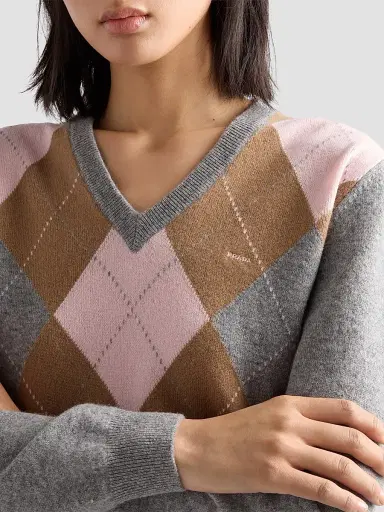Prada Women's Argyle Cashmere V-Neck Sweater - Grey | Thumbnail 6 Prada Women's Argyle Cashmere V-Neck Sweater - Grey | Thumbnail 6