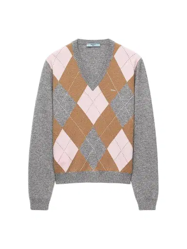 Prada Women's Argyle Cashmere V-Neck Sweater - Grey | Thumbnail 1 Prada Women's Argyle Cashmere V-Neck Sweater - Grey | Thumbnail 1