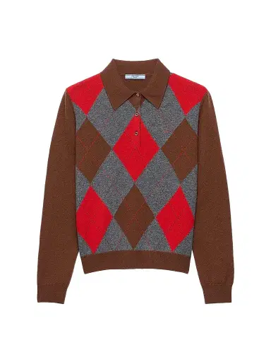 Prada Women's Argyle Cashmere Polo Sweater - Brown | Thumbnail 1 Prada Women's Argyle Cashmere Polo Sweater - Brown | Thumbnail 1