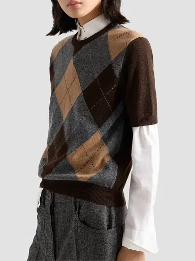 Prada Women's Short-Sleeved Argyle Cashmere Sweater - Brown | Thumbnail 4 Prada Women's Short-Sleeved Argyle Cashmere Sweater - Brown | Thumbnail 4