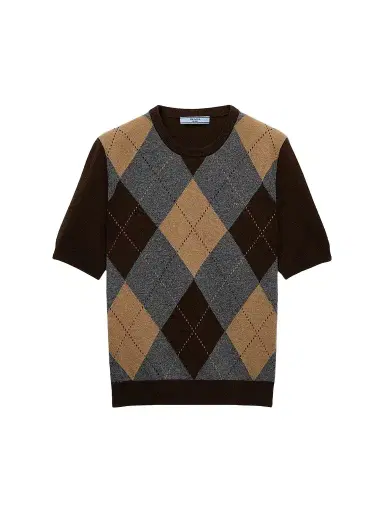 Prada Women's Short-Sleeved Argyle Cashmere Sweater - Brown | Thumbnail 1 Prada Women's Short-Sleeved Argyle Cashmere Sweater - Brown | Thumbnail 1