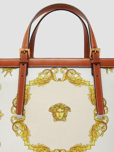 Versace Women's Rivière Small Printed Cotton Canvas Book Tote Bag - Leather Multicolor Gold | Thumbnail 3 Versace Women's Rivière Small Printed Cotton Canvas Book Tote Bag - Leather Multicolor Gold | Thumbnail 3