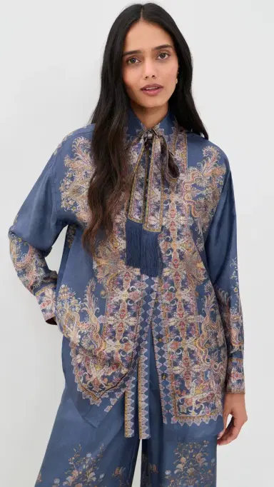 Zimmermann Valiant Relaxed Silk Button Down Shirt Navy Paisley | Thumbnail 2 Zimmermann Valiant Relaxed Silk Button Down Shirt Navy Paisley | Thumbnail 2