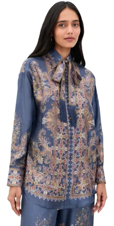 Zimmermann Valiant Relaxed Silk Button Down Shirt Navy Paisley | Thumbnail 1 Zimmermann Valiant Relaxed Silk Button Down Shirt Navy Paisley | Thumbnail 1