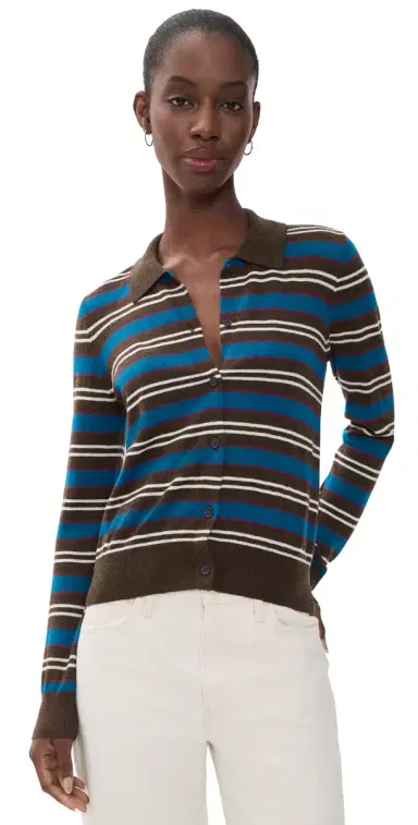 Pistola Lyvia Long Sleeve Merino Polo Cardigan Tealwood tripe | Thumbnail 1 Pistola Lyvia Long Sleeve Merino Polo Cardigan Tealwood tripe | Thumbnail 1