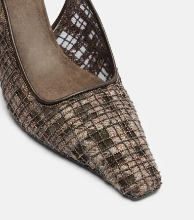 Brunello Cucinelli Beaded checked leather-trimmed slingback pumps | Thumbnail 2 Brunello Cucinelli Beaded checked leather-trimmed slingback pumps | Thumbnail 2