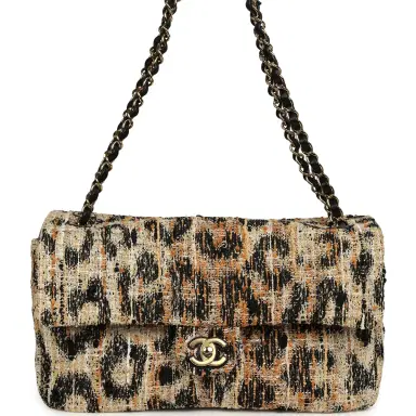 Chanel Chanel Maxi Leopard Print "Souplissimo" Small Flap Bag Brown, Black, White Tweed, Mixed Fibers Gold Hardware | Thumbnail 1 Chanel Chanel Maxi Leopard Print "Souplissimo" Small Flap Bag Brown, Black, White Tweed, Mixed Fibers Gold Hardware | Thumbnail 1