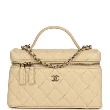 Chanel Chanel Top Handle Long Vanity Case with Chain Beige Shiny Caviar Light Gold Hardware | Thumbnail 1 Chanel Chanel Top Handle Long Vanity Case with Chain Beige Shiny Caviar Light Gold Hardware | Thumbnail 1