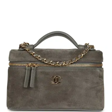 Chanel Chanel Top Handle Long Vanity Case with Chain Dark Grey Suede Gold Hardware | Thumbnail 1 Chanel Chanel Top Handle Long Vanity Case with Chain Dark Grey Suede Gold Hardware | Thumbnail 1