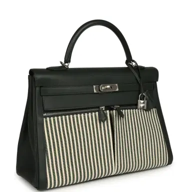 HERMÈS Hermes Kelly Lakis 35 Vert Anglais Swift, Toile Riga Palladium Hardware | Thumbnail 2 HERMÈS Hermes Kelly Lakis 35 Vert Anglais Swift, Toile Riga Palladium Hardware | Thumbnail 2